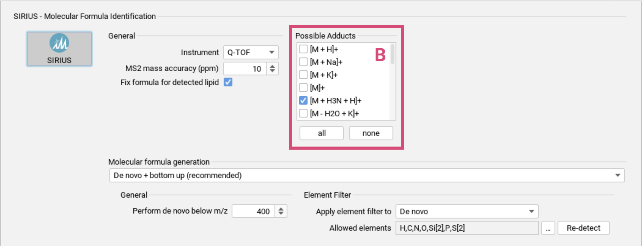 Molecular formula annotation compute dialog for a single compound