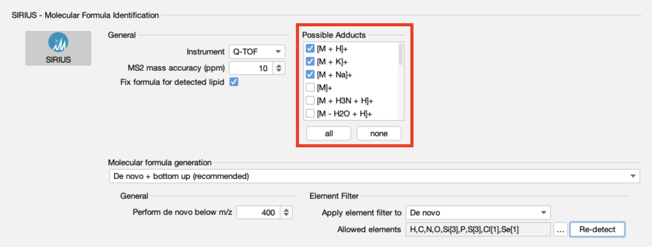 Molecular formula annotation compute dialog for a single compound