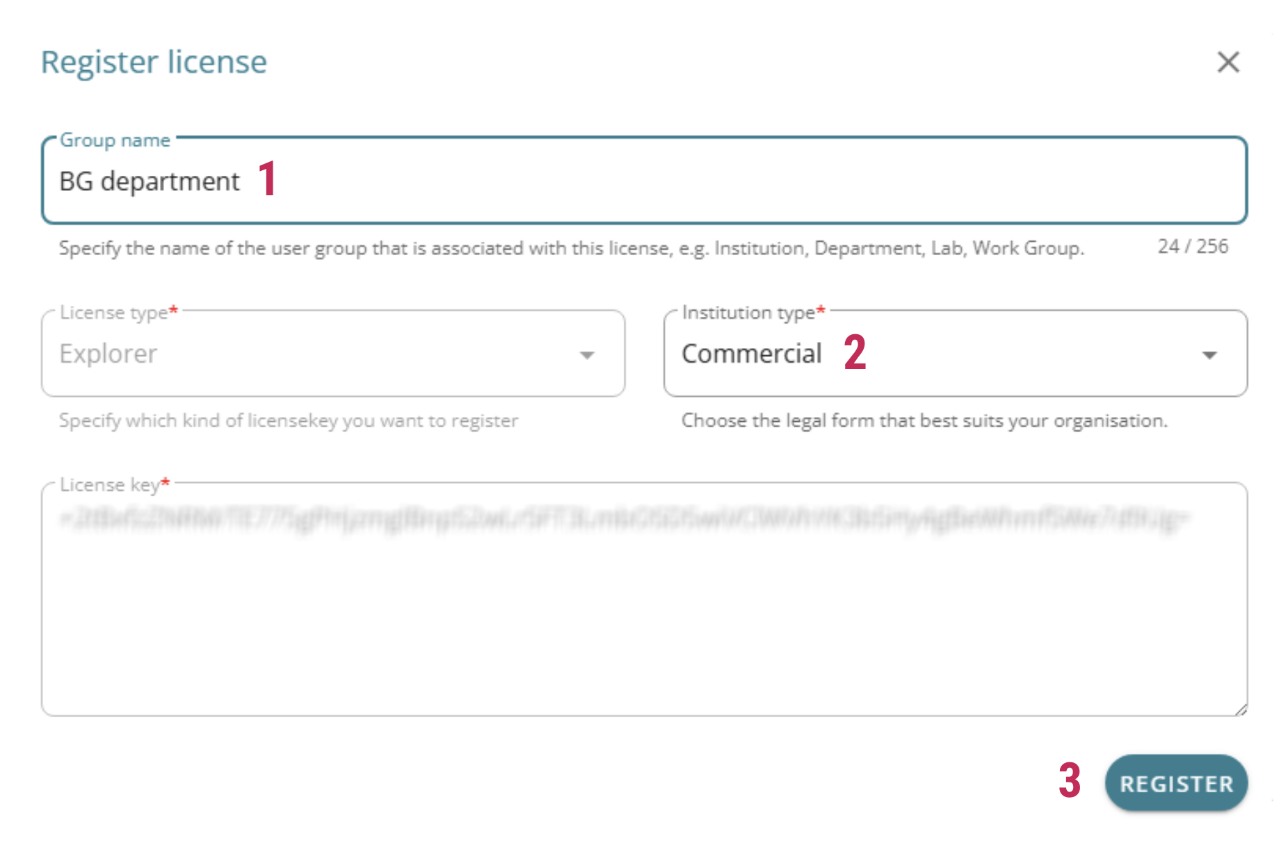 Register a new license group in the user portal.